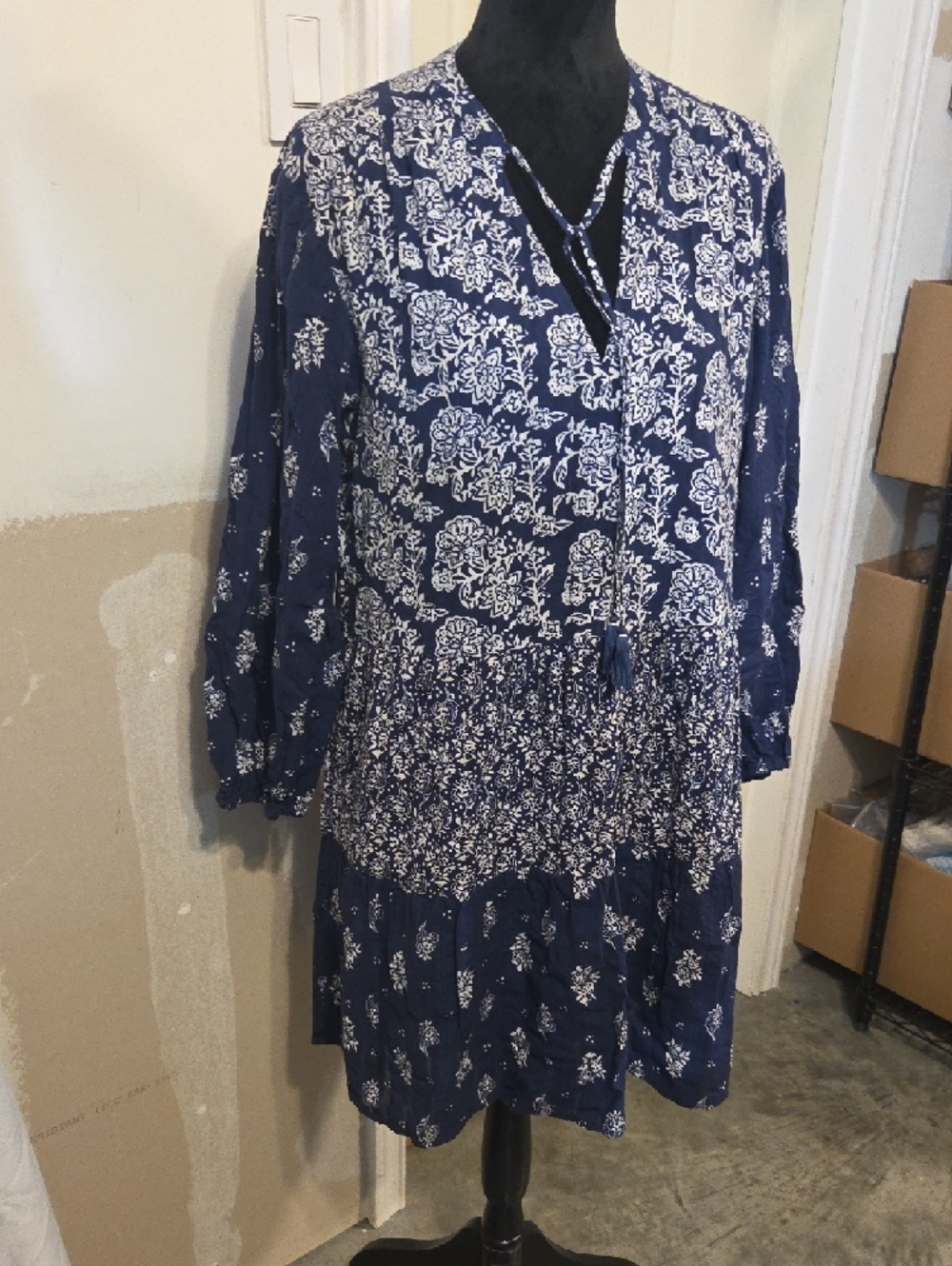 Anthropologie Maeve Navy White Boho Long-Sleeve Tiered Floral Dress Tassel Vneck - Picture 2 of 16